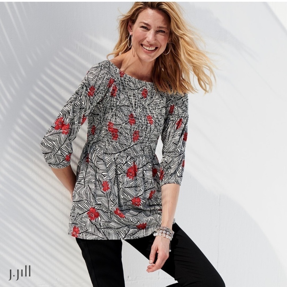 J Jill Abstract Floral Smocked Babydoll Blouse Large